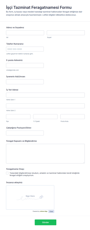 İşçi Tazminat Feragatnamesi Form Şablonu