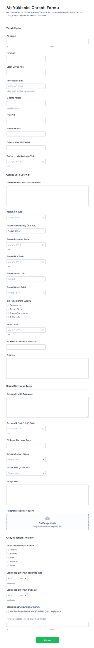 İşçilik Garantisi Form Şablonu