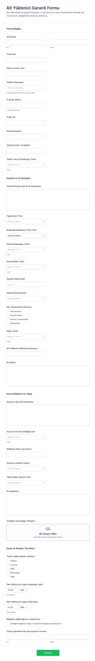 İşçilik Garantisi Form Şablonu