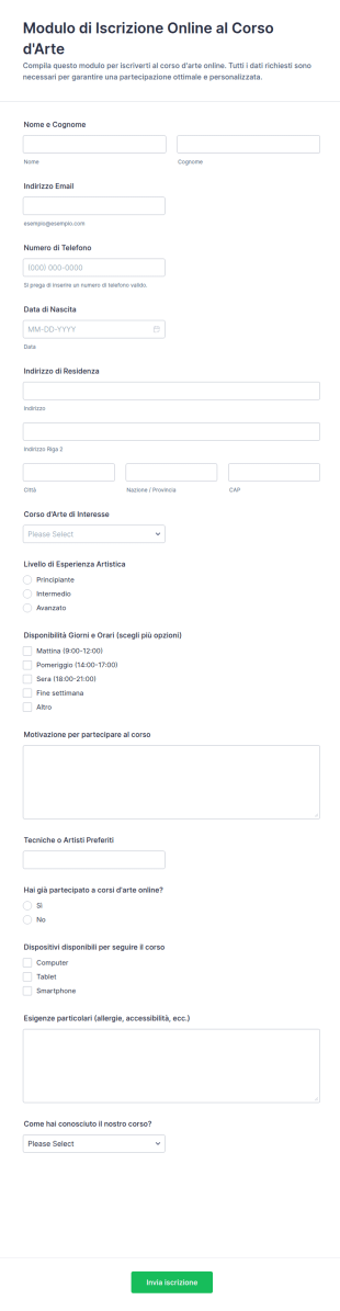 Iscrizione A Un Corso Di Arte Online Form
