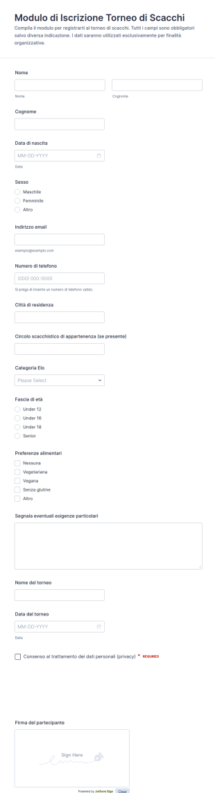 Iscrizione Al Torneo Di Scacchi Form