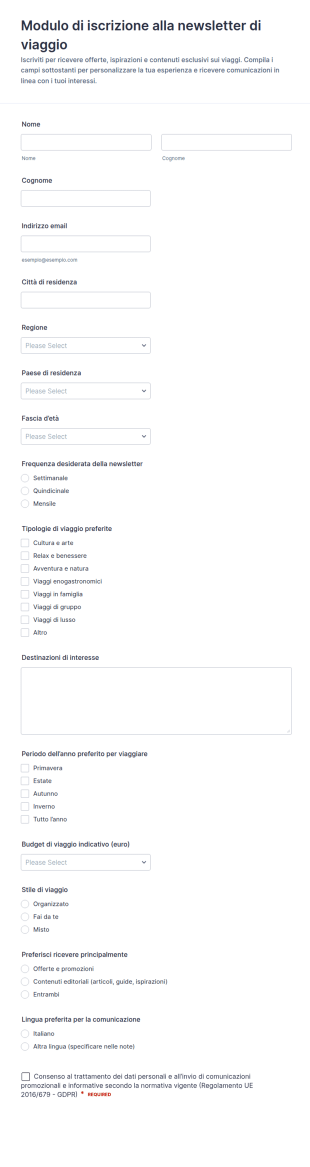 Iscrizione Alla Newsletter Di Viaggio