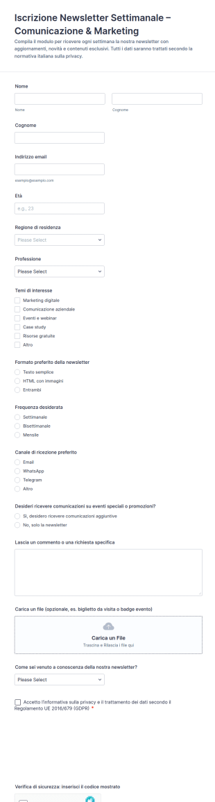 Iscrizione Alla Newsletter Settimanale