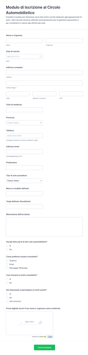 Iscrizione Club Auto Form