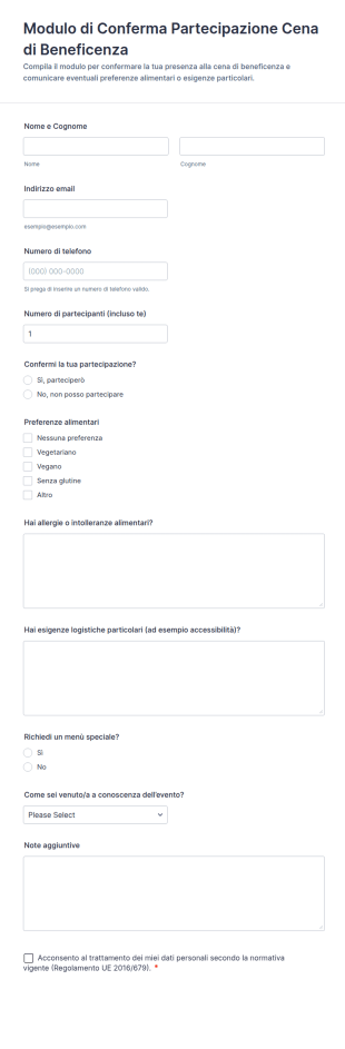 Iscrizione RSVP Per Cena Di Beneficenza