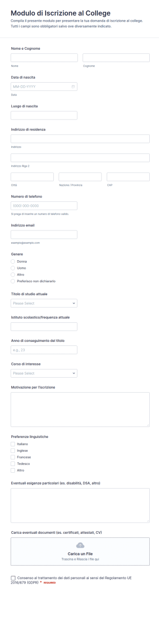 Iscrizione Universitaria Form