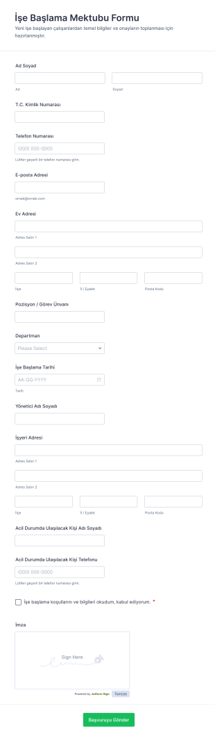İşe Başlama Mektubu Formu Form Template