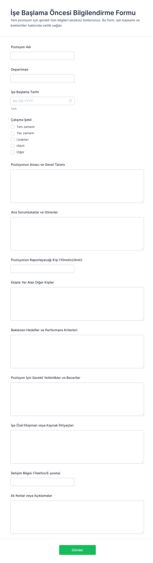 İşe Başlama Öncesi Bilgilendirme Form Şablonu