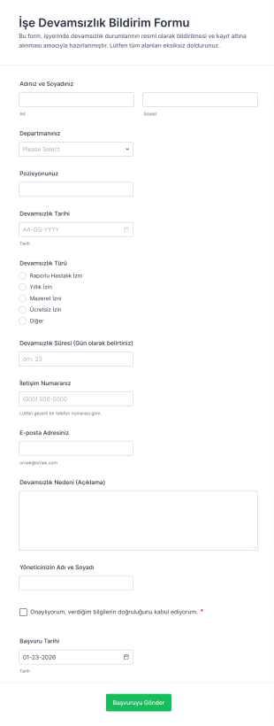 İşe Devamsızlık Bildirim Form Şablonu