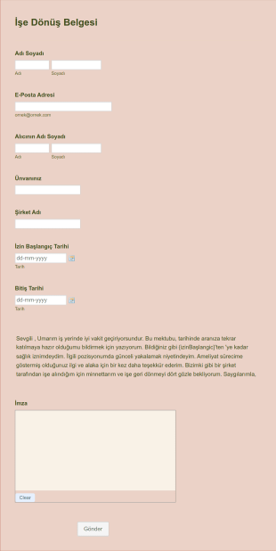 İşe Dönüş Belgesi Form Template