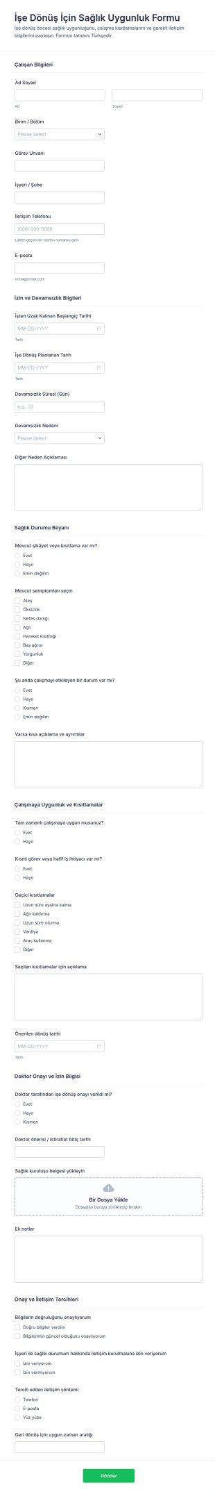 İşe Dönüş Sağlık Durum Onayı Form Şablonu