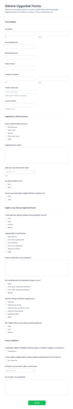İşe Uygunluk Durumunu Değerlendirme Form Şablonu