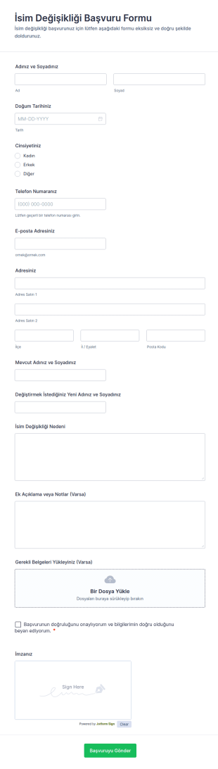 İsim Değişikliği Başvuru Form Şablonu