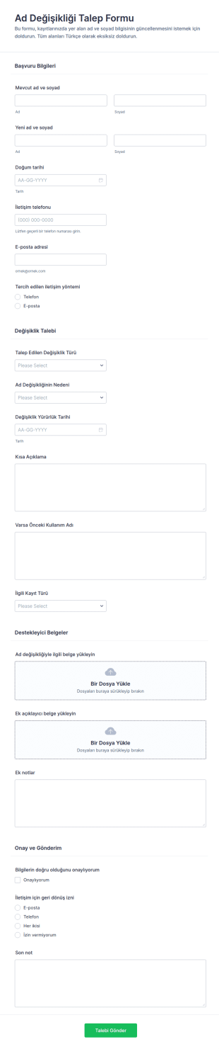 İsim Değişikliği Talep Form Şablonu
