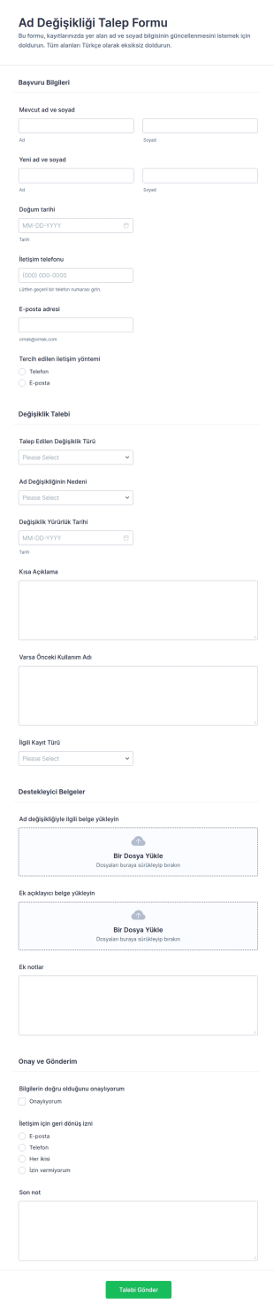 İsim Değişikliği Talep Form Şablonu