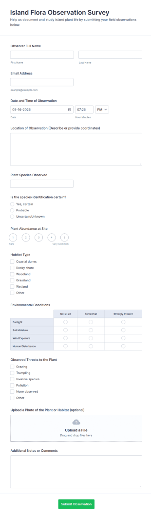 Island Flora Observation Survey Form Template