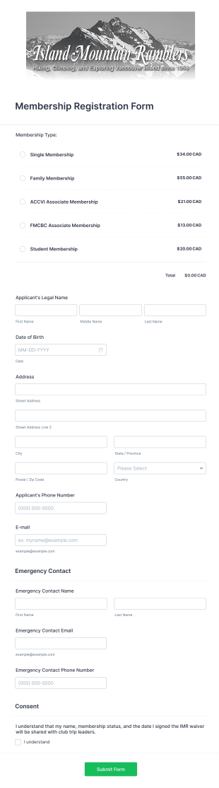 Hiking Club Membership Registration Form Template