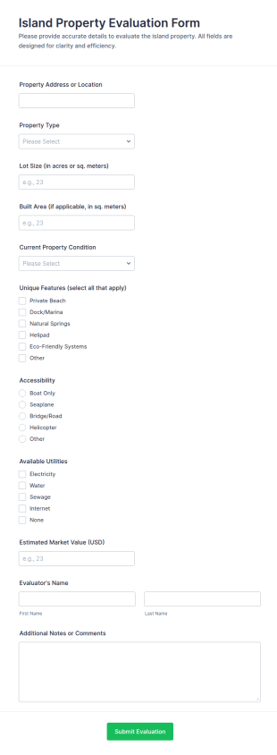 Island Property Evaluation Form Template