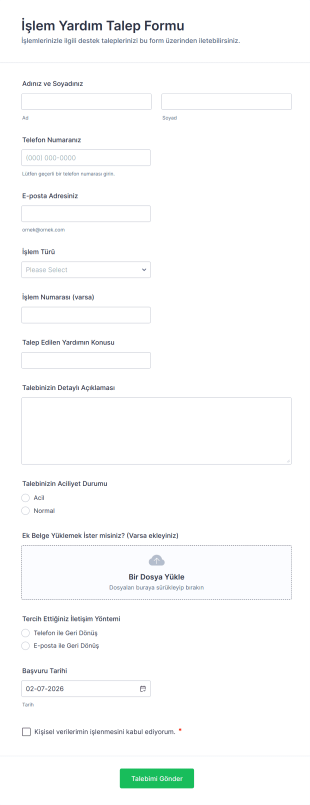 İşlem Yardım Talep Form Şablonu