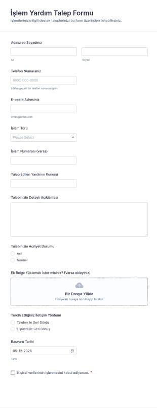 İşlem Yardım Talep Form Şablonu