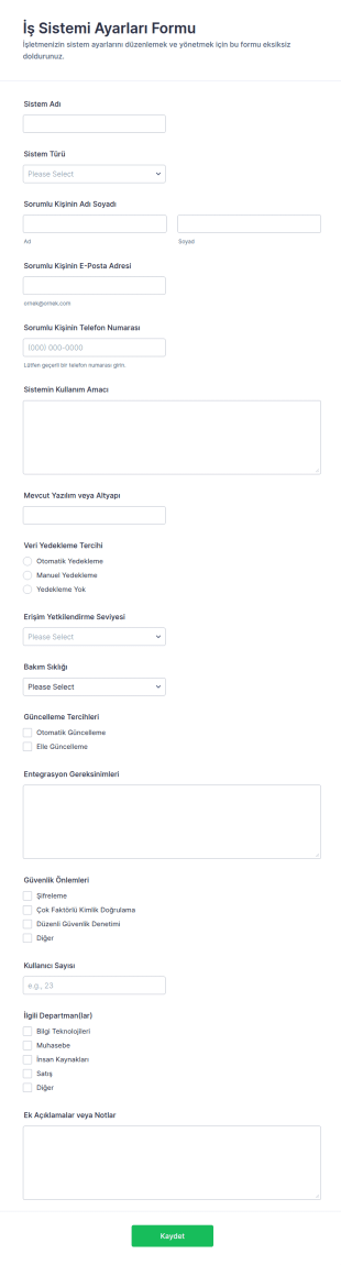 İşletim Sistemi İş Ayarları Form Şablonu