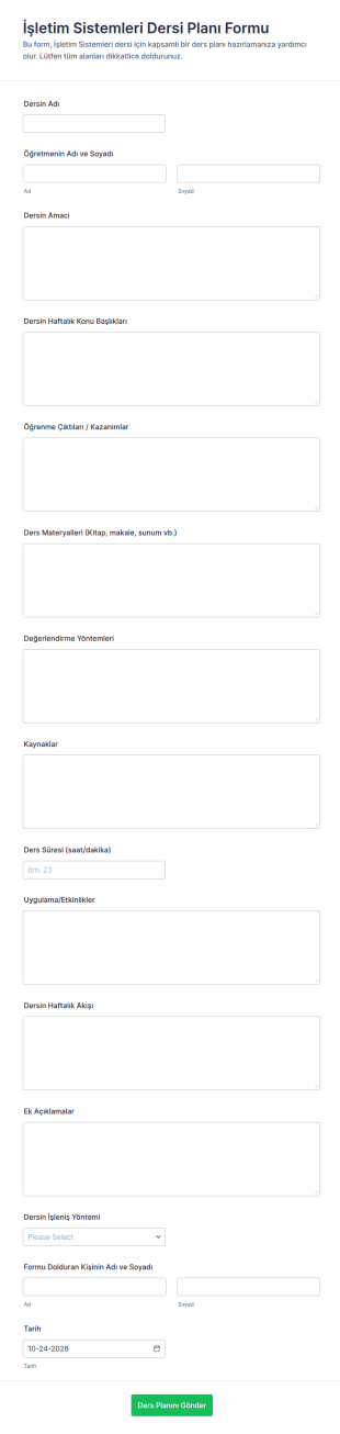 İşletim Sistemleri Ders Planı Form Şablonu
