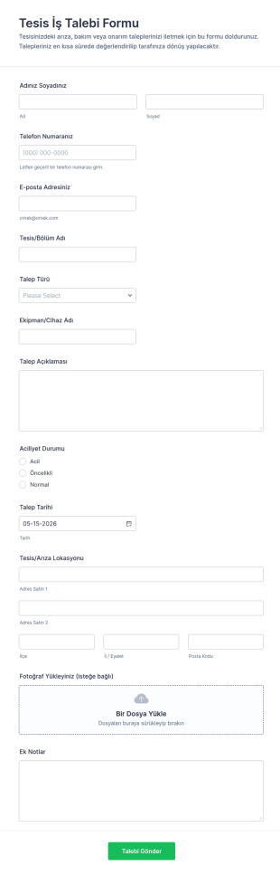 İşletme Bakım Talep Form Şablonu