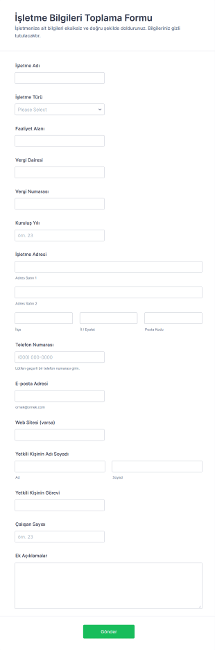 İşletme Bilgileri Toplama Form Şablonu