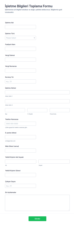İşletme Bilgileri Toplama Form Şablonu
