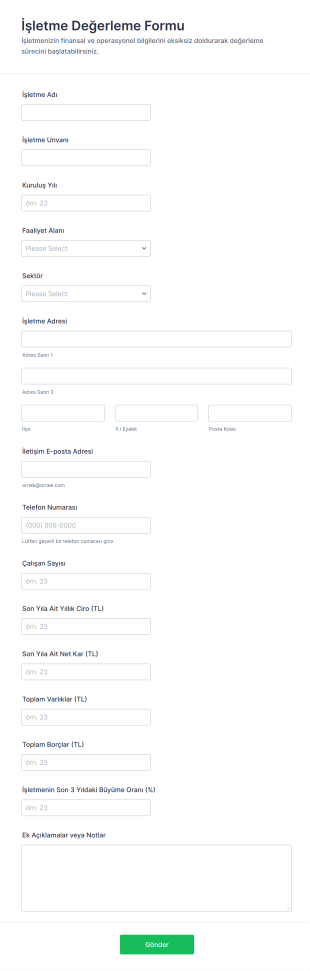 İşletme Değerleme Form Şablonu