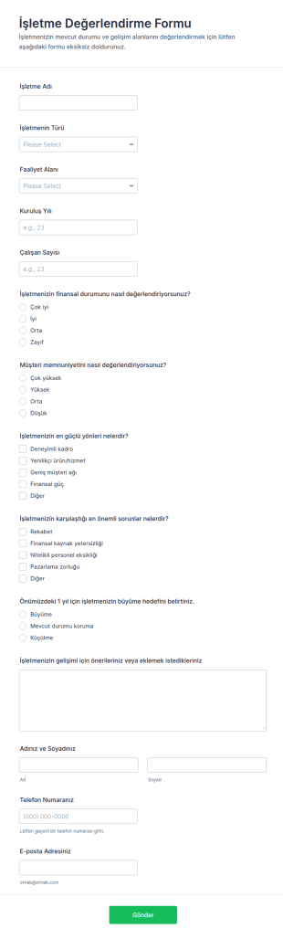 İşletme Değerlendirme Form Şablonu