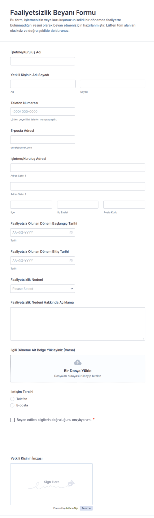 İşletme Faaliyetten Çekilme Beyanı Form Şablonu