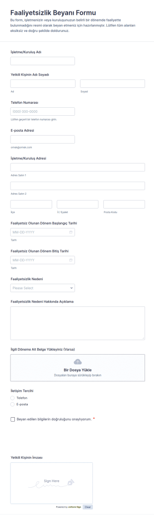 İşletme Faaliyetten Çekilme Beyanı Form Şablonu