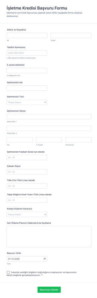 İşletme Kredisi Başvuru Form Şablonu