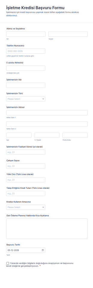 İşletme Kredisi Başvuru Form Şablonu