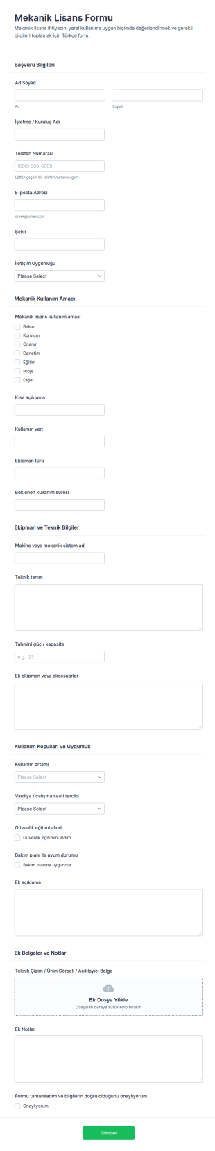 İşletme Lisans Form Şablonu
