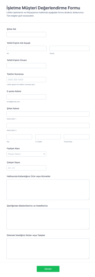 İşletme Müşteri Değerlendirme Form Şablonu