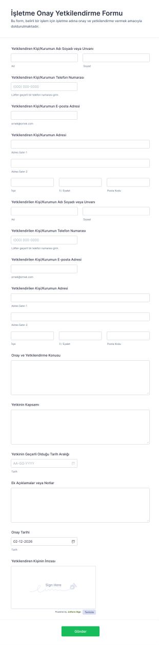 İşletme Onay Yetkilendirme Form Şablonu