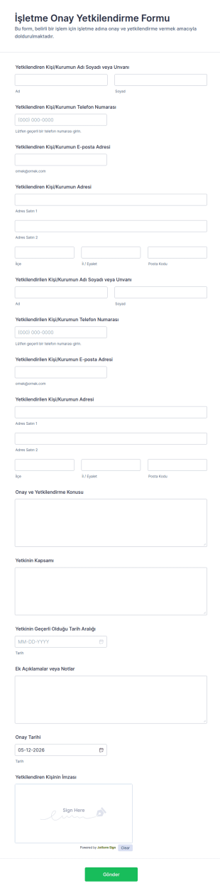 İşletme Onay Yetkilendirme Form Şablonu