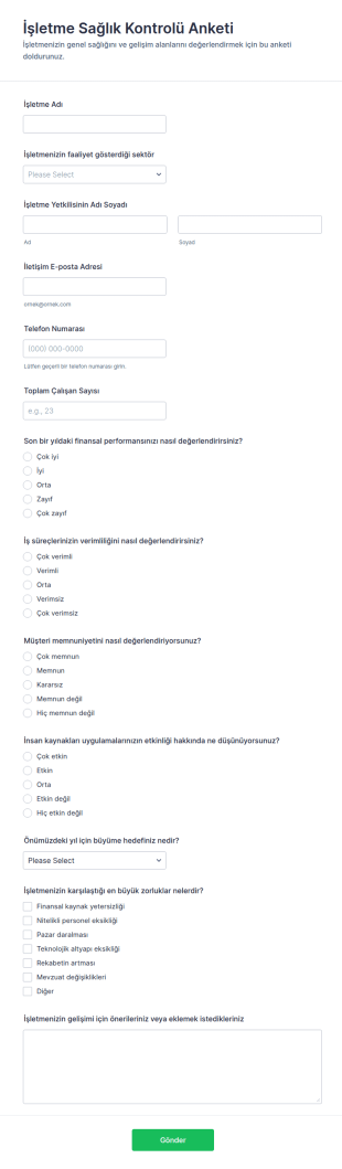 İşletme Sağlık Kontrolü Anketi Form Şablonu