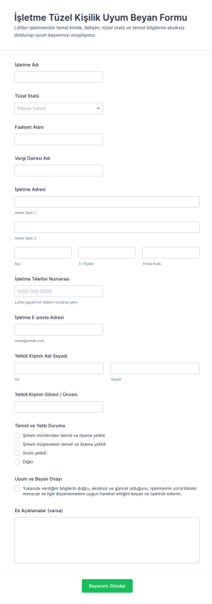 İşletme Uyumluluk Beyanname Form Şablonu