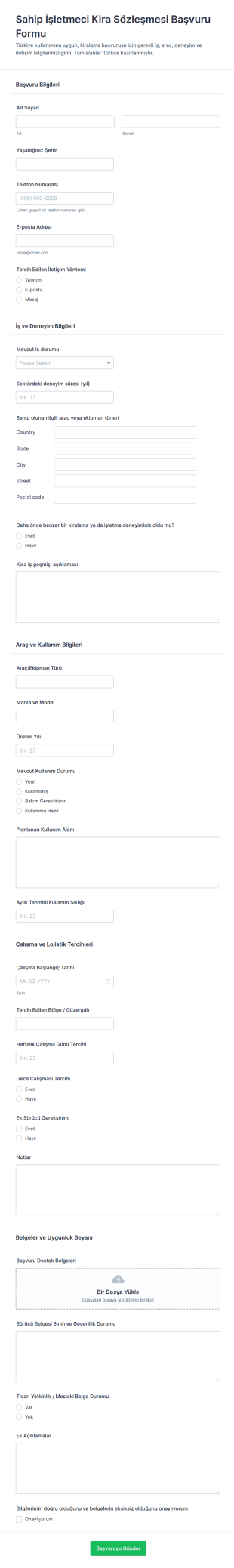 İşletmeci Kiralama Sözleşmesi Başvuru Form Şablonu