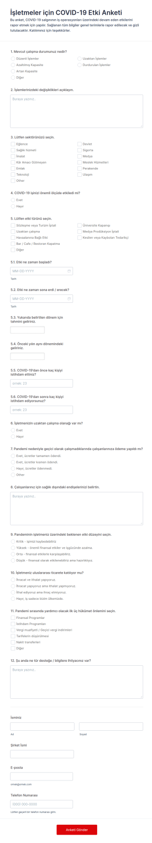 İşletmeler Için COVID 19 Etki Anketi Form Şablonu