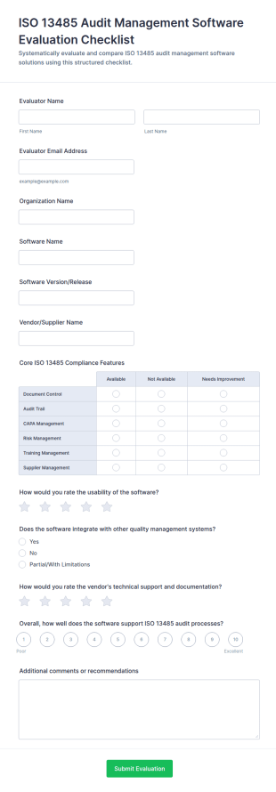ISO 13485 Audit Management Software Evaluation Checklist Form Template