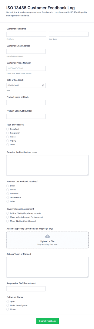ISO 13485 Customer Feedback Log Form Template