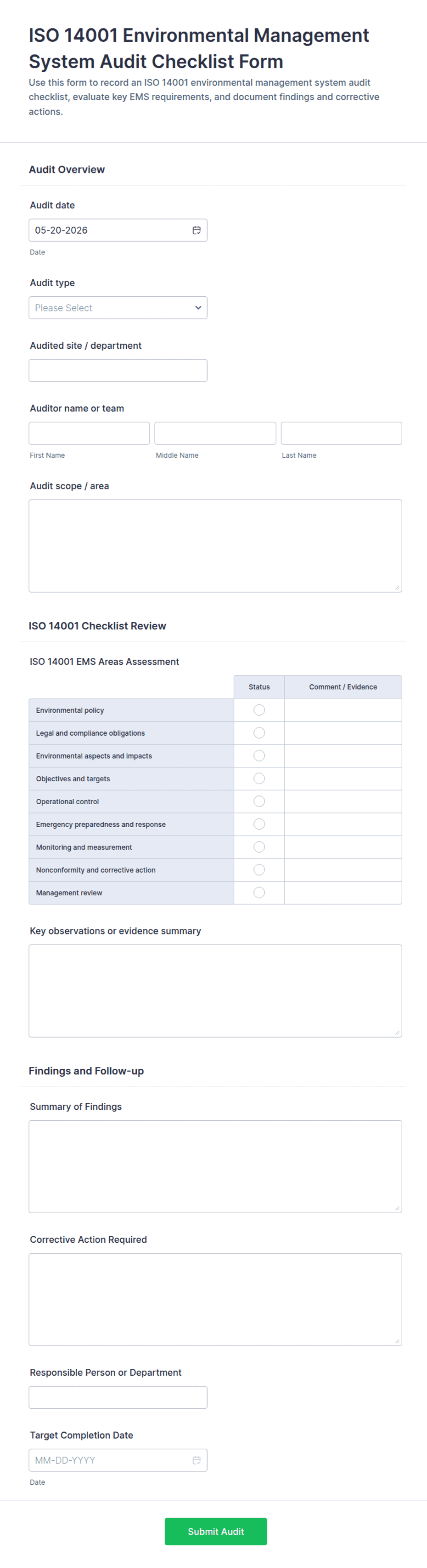ISO 14001 Environmental Management System Audit Checklist Form Template ...
