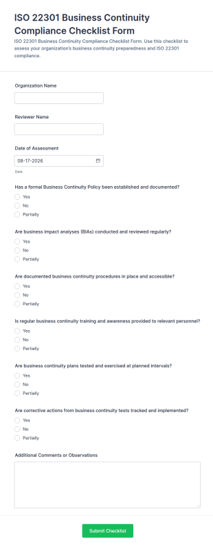 ISO 22301 Business Continuity Compliance Checklist Form Template