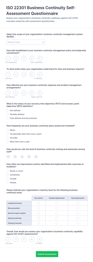 ISO 22301 Business Continuity Self Assessment Questionnaire Form Template