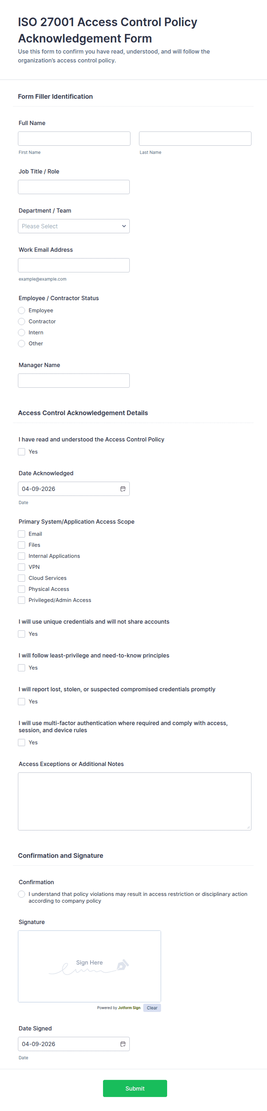 Iso Computer Coverage Form ISO 27001 Access Control Policy Acknowledgement Form Template | Jotform