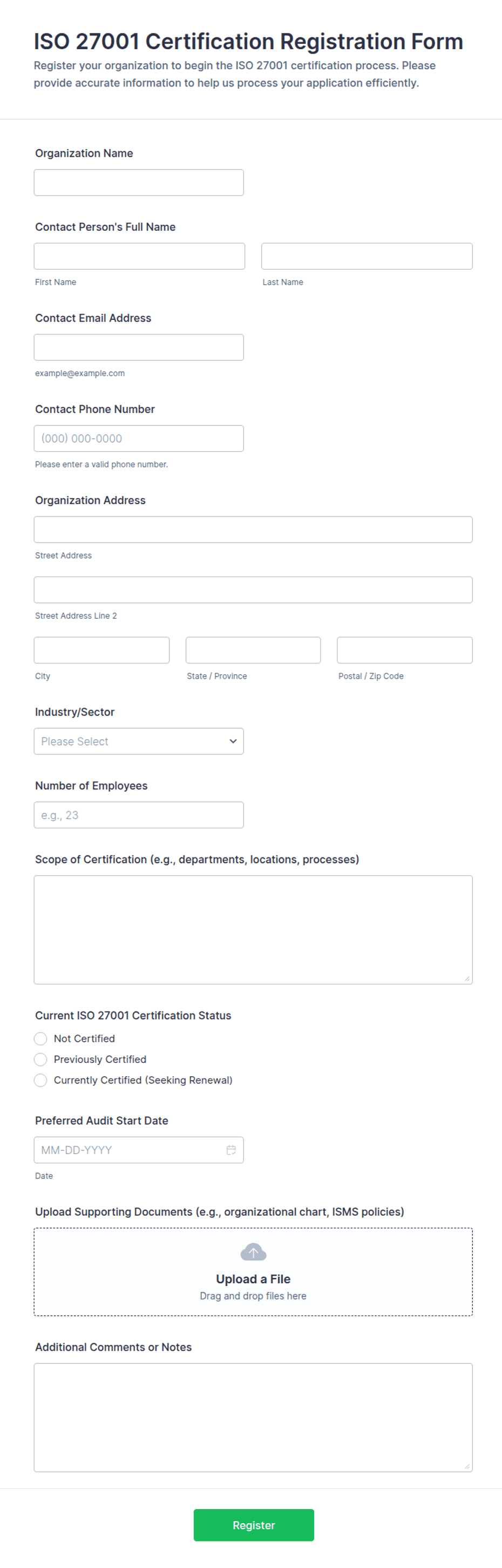 Pr Form Iso ISO 27001 Certification Registration Form Template | Jotform
